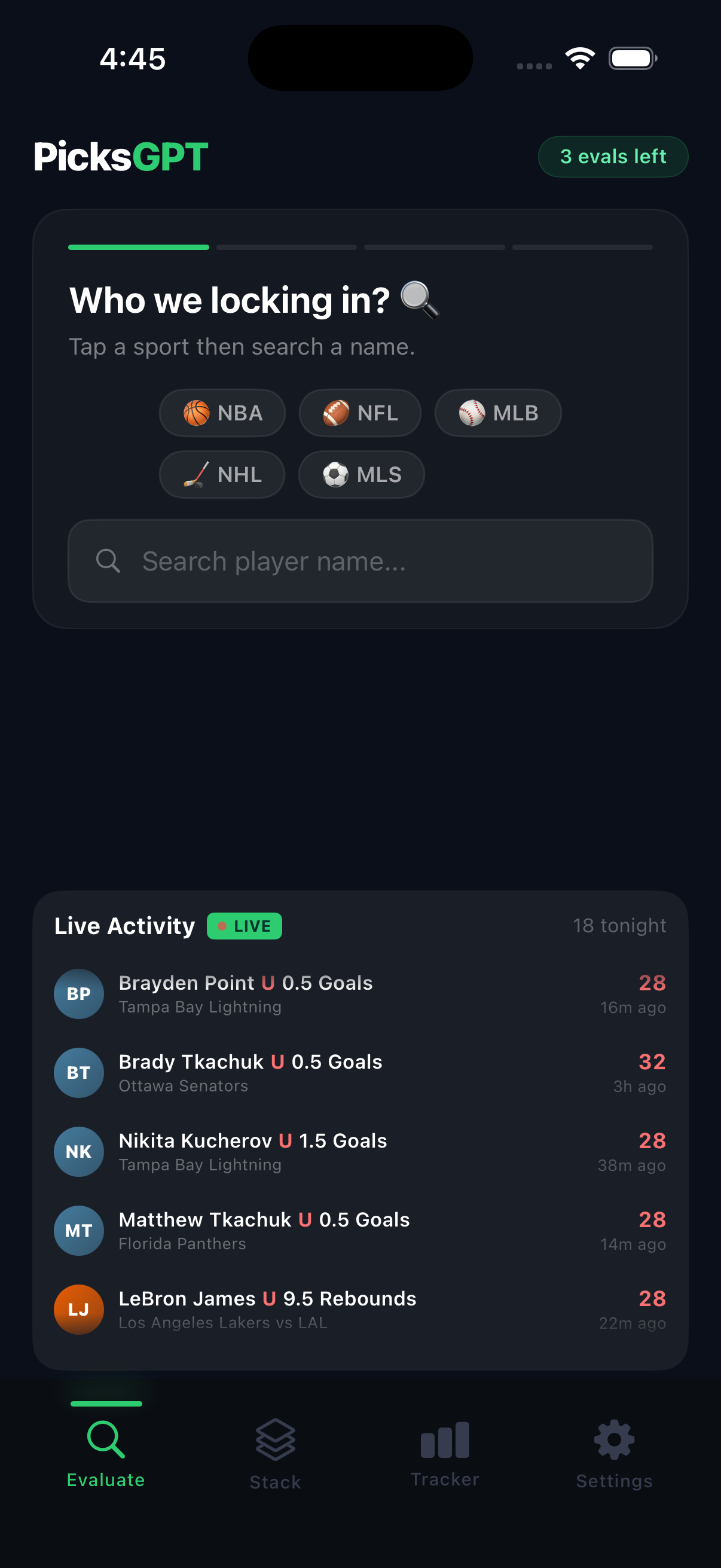 PicksGPT home screen showing live AI-scored prop picks