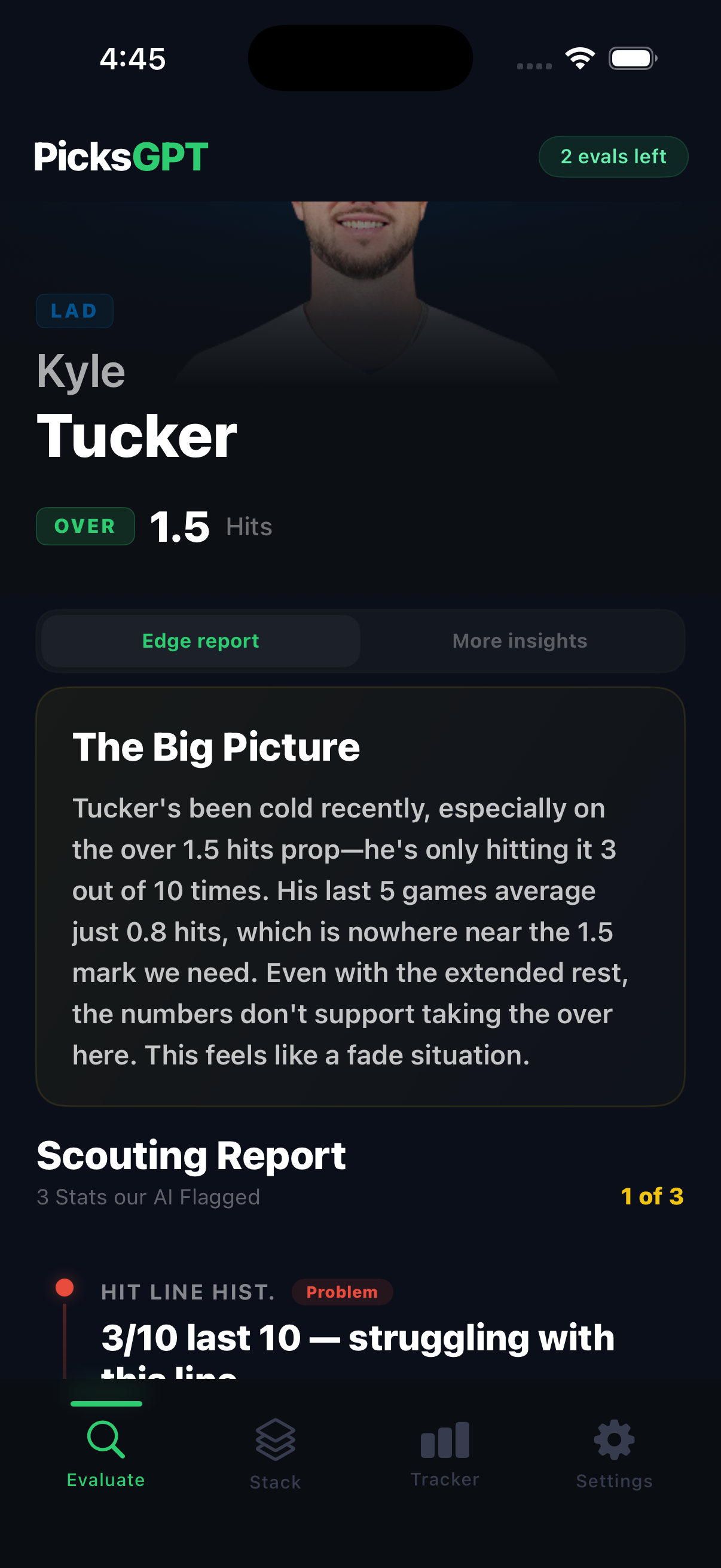 PicksGPT AI analysis result with confidence score and scouting report