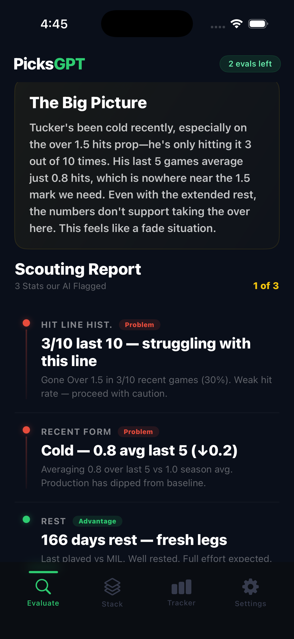 PicksGPT AI scouting report with season stats, L5 trend, and injury context