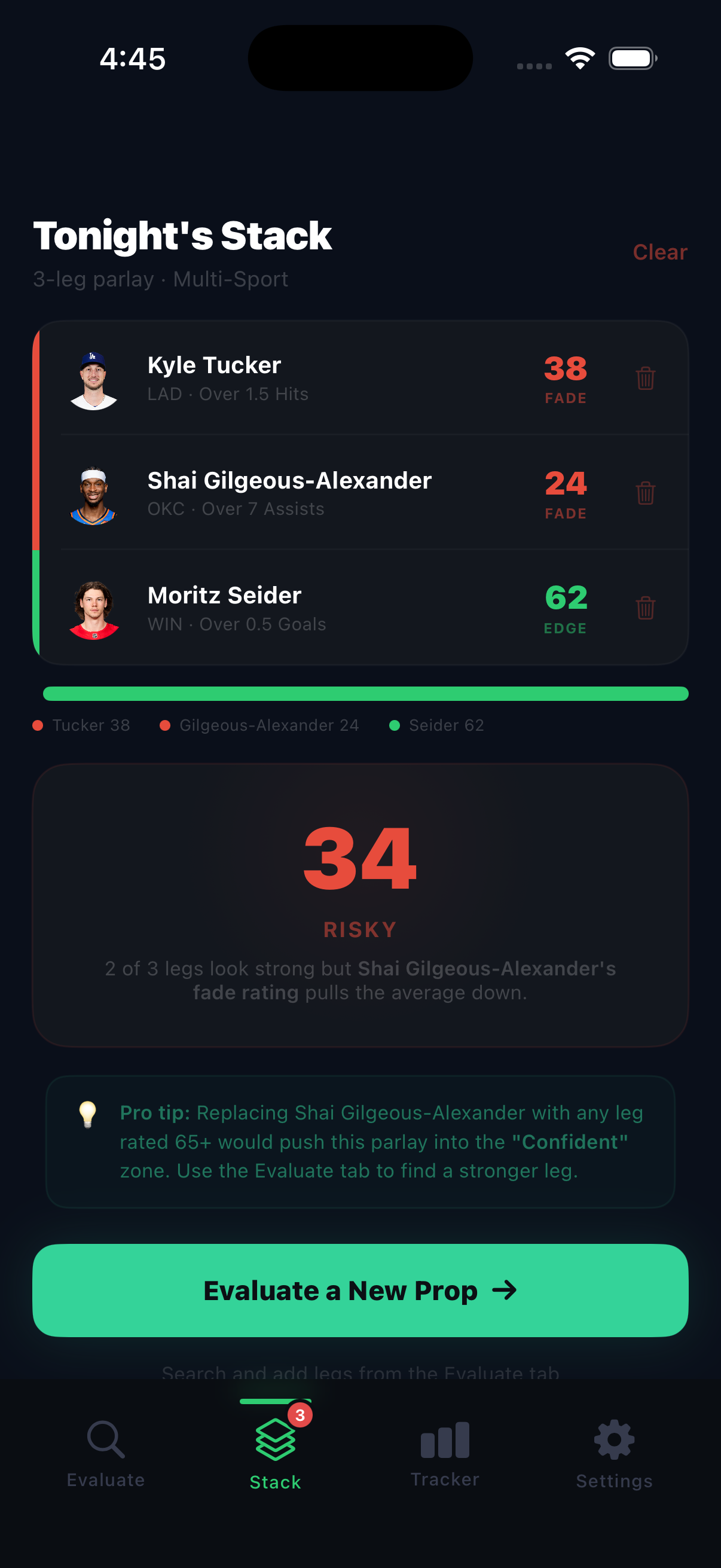 PicksGPT stack builder showing parlay confidence score and leg breakdown
