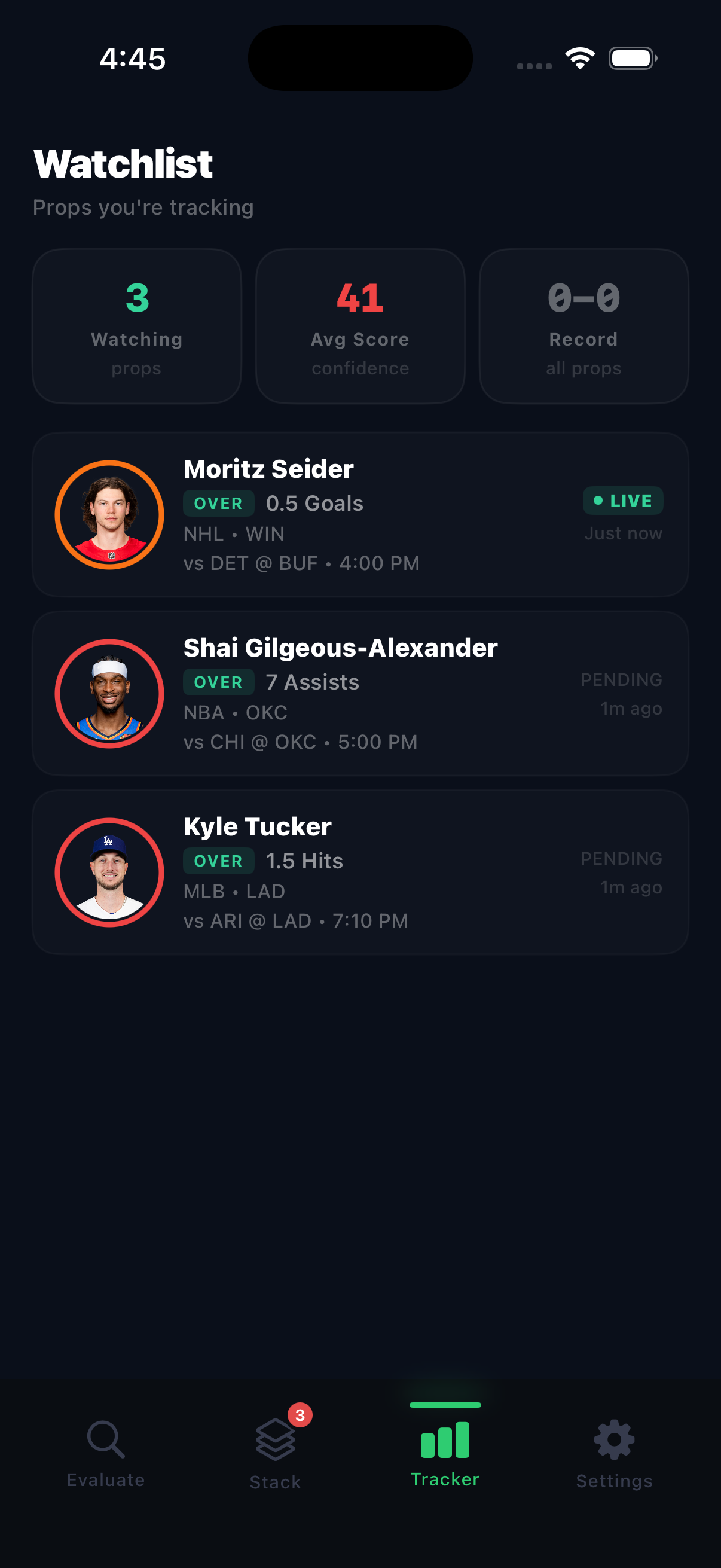 PicksGPT pick tracker showing live win-loss record and prop results